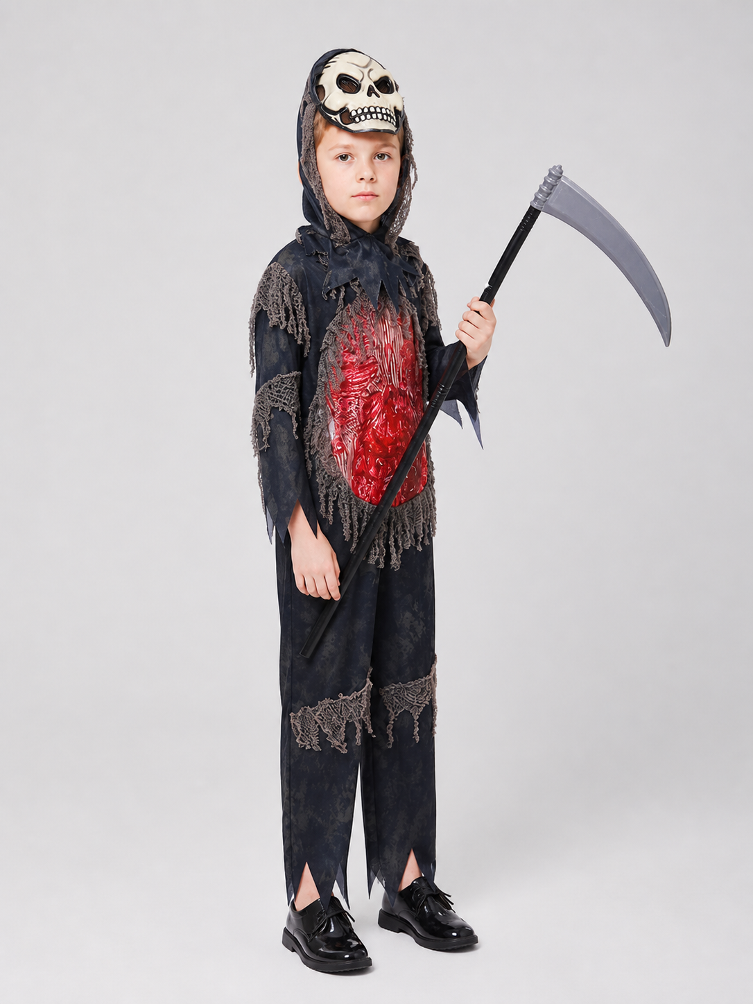 Skeleton cosplay costume with mask and scythe side view