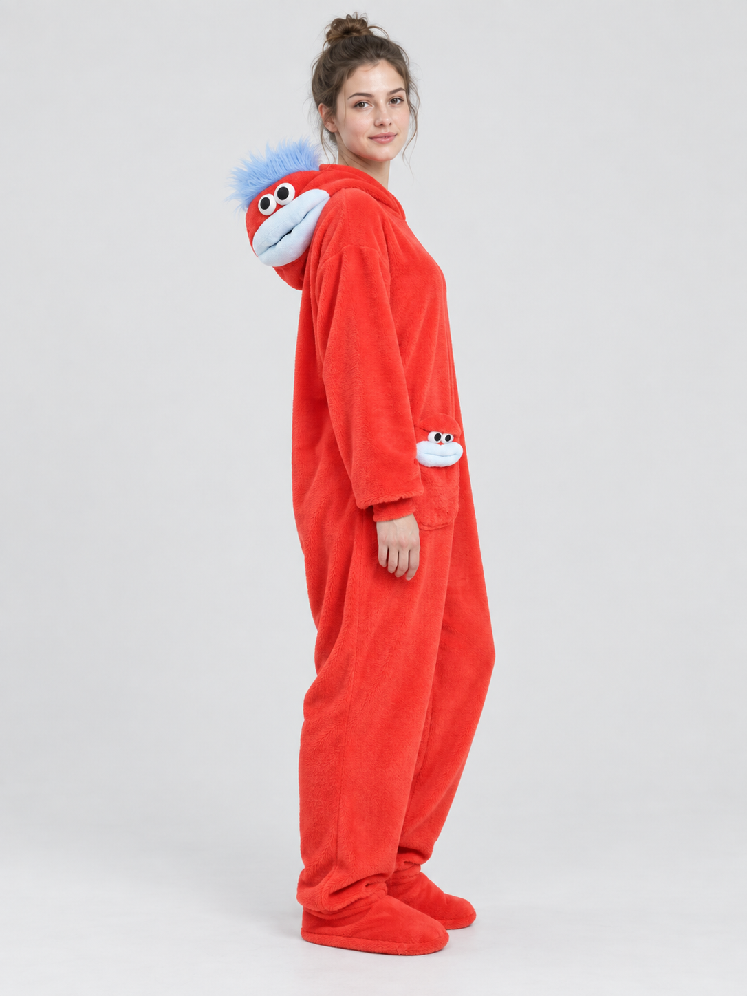 Red Home Jumpsuit Pajama with a Puffy Face