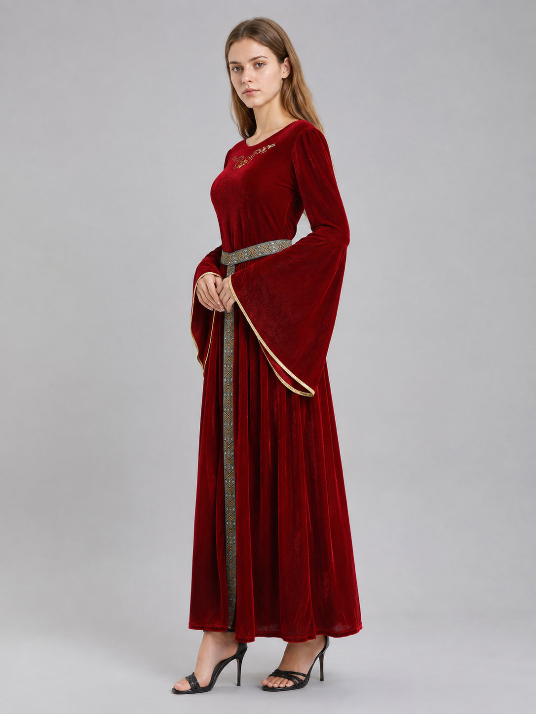 Burgundy Costume Dress with Belt and Embroidery side view
