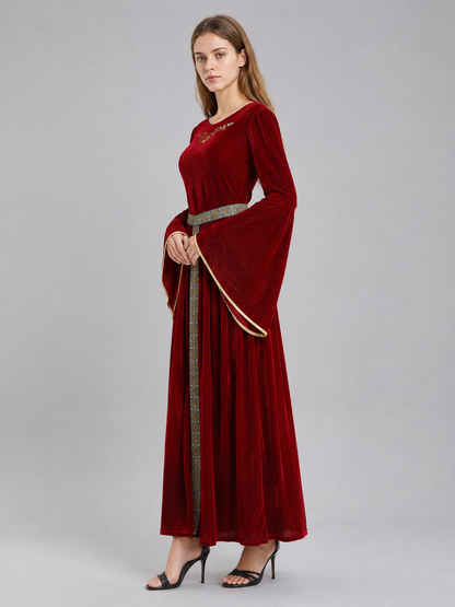 Burgundy Costume Dress with Belt and Embroidery side view