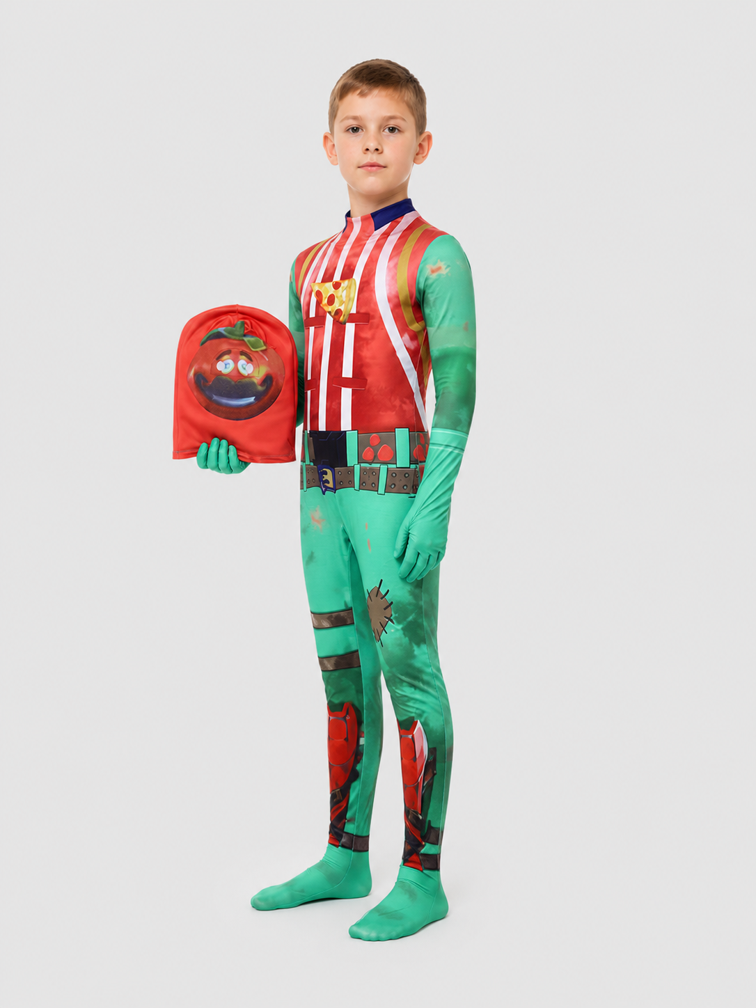 Striped Tomatoide Cosplay Jumpsuit with Headpiece side view