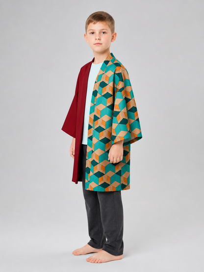 This long kimono-style cover-up combines a striking two-tone design with an