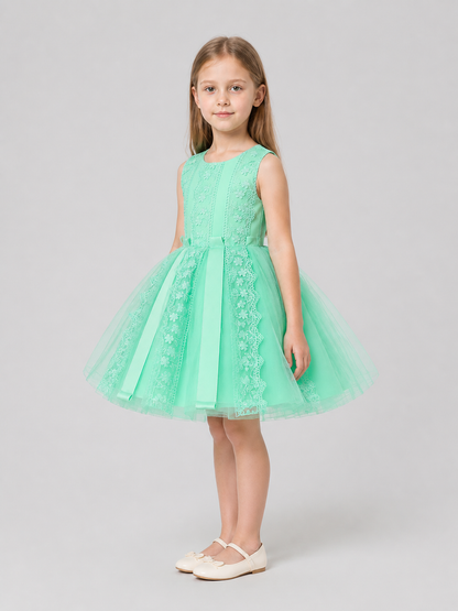 Fluffy Mint Tulle Dress with Floral Embroidery side view