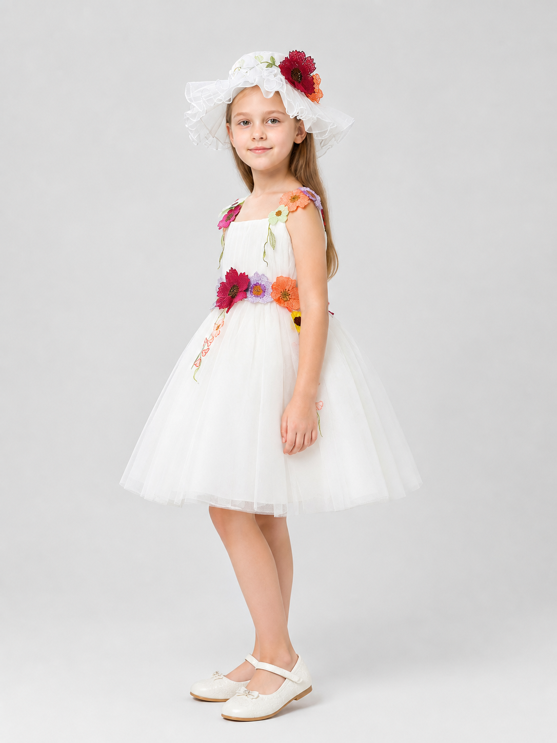 Full White Dress with Floral Details, Ages 4–8 side view