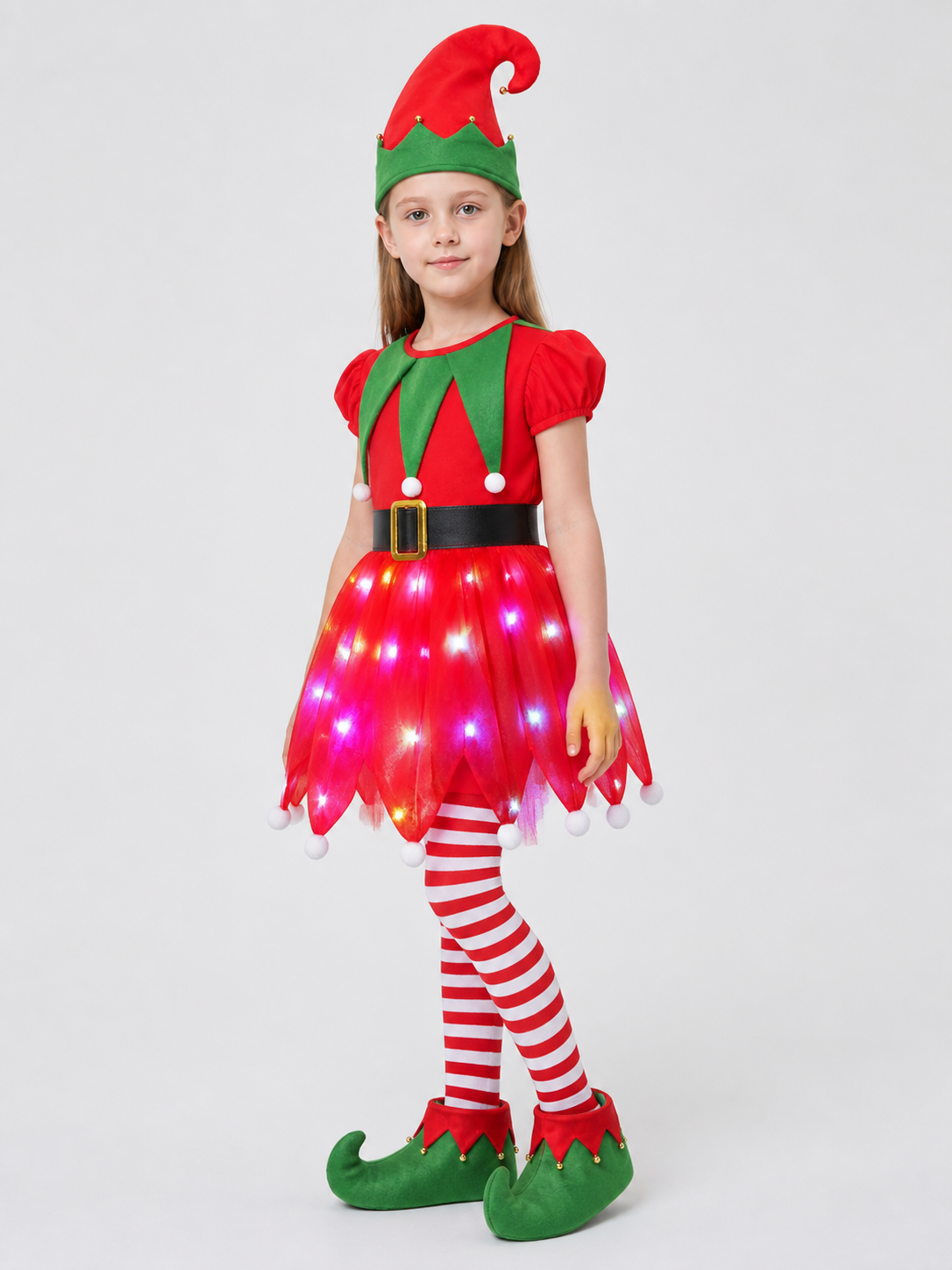Light-Up Christmas Elf Costume with Dress and Hat side view