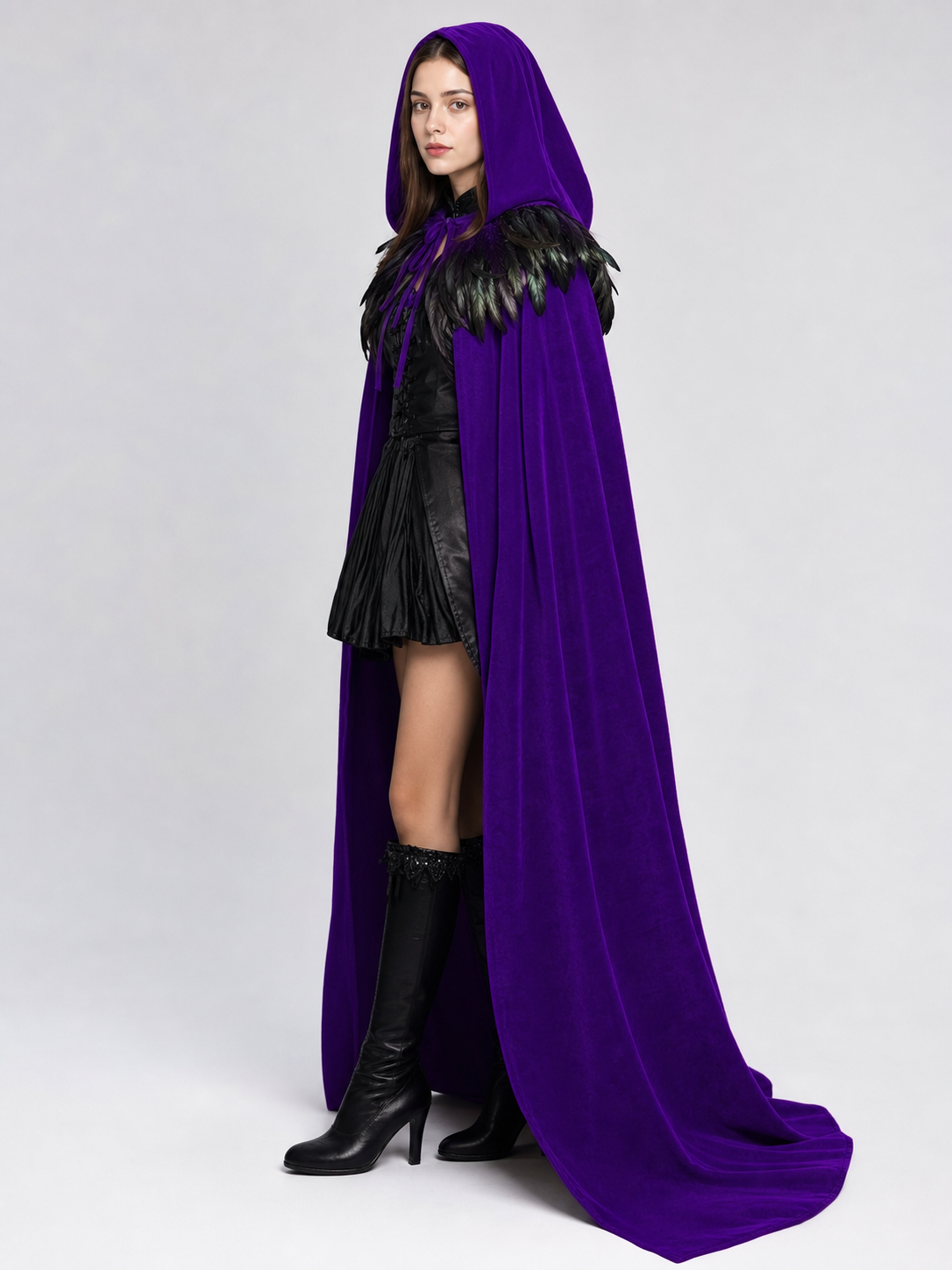 Purple Velvety Hooded Cape with Feathers