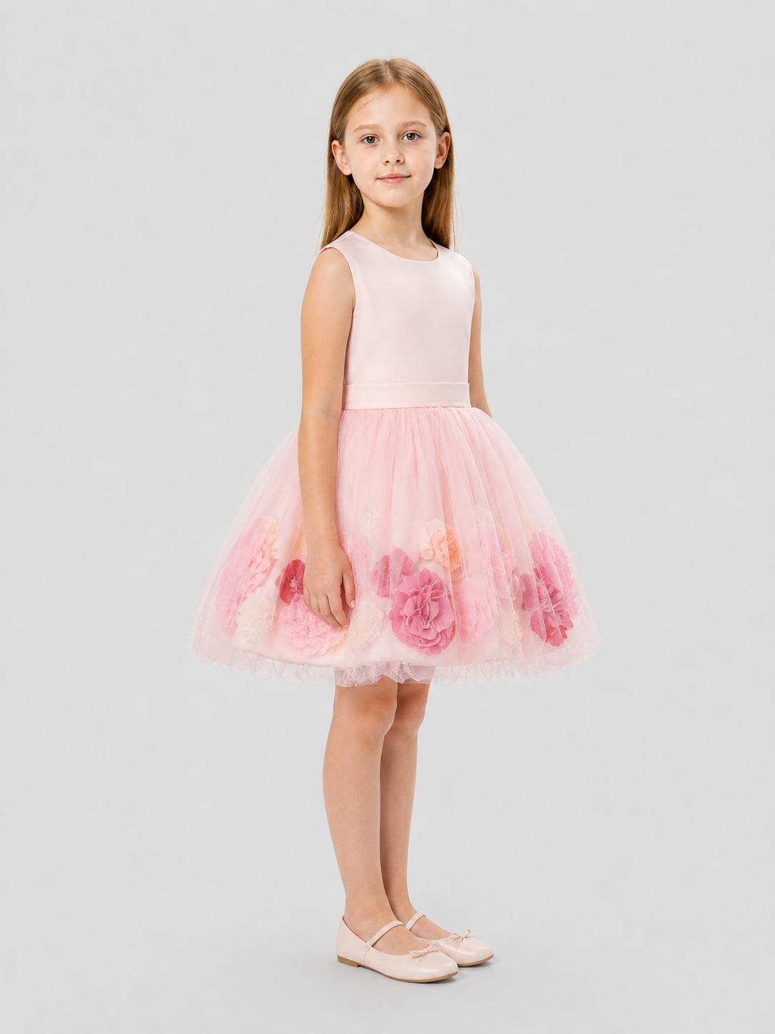 Pink Party Dress with a Full Tulle Skirt and Flowers