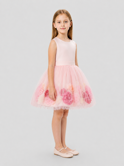 Pink Party Dress with a Full Tulle Skirt and Flowers