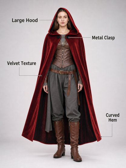 Burgundy Medieval Hooded Costume Cloak