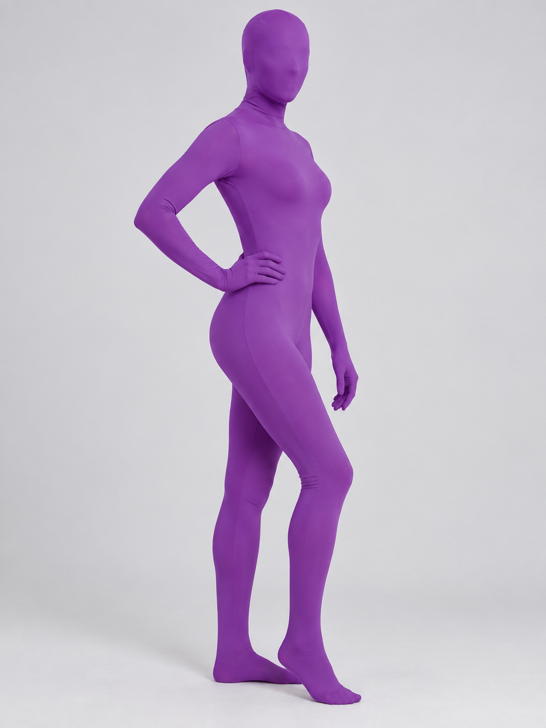 Purple form-fitting jumpsuit costume