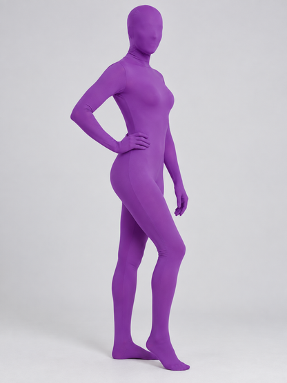 Purple form-fitting jumpsuit costume
