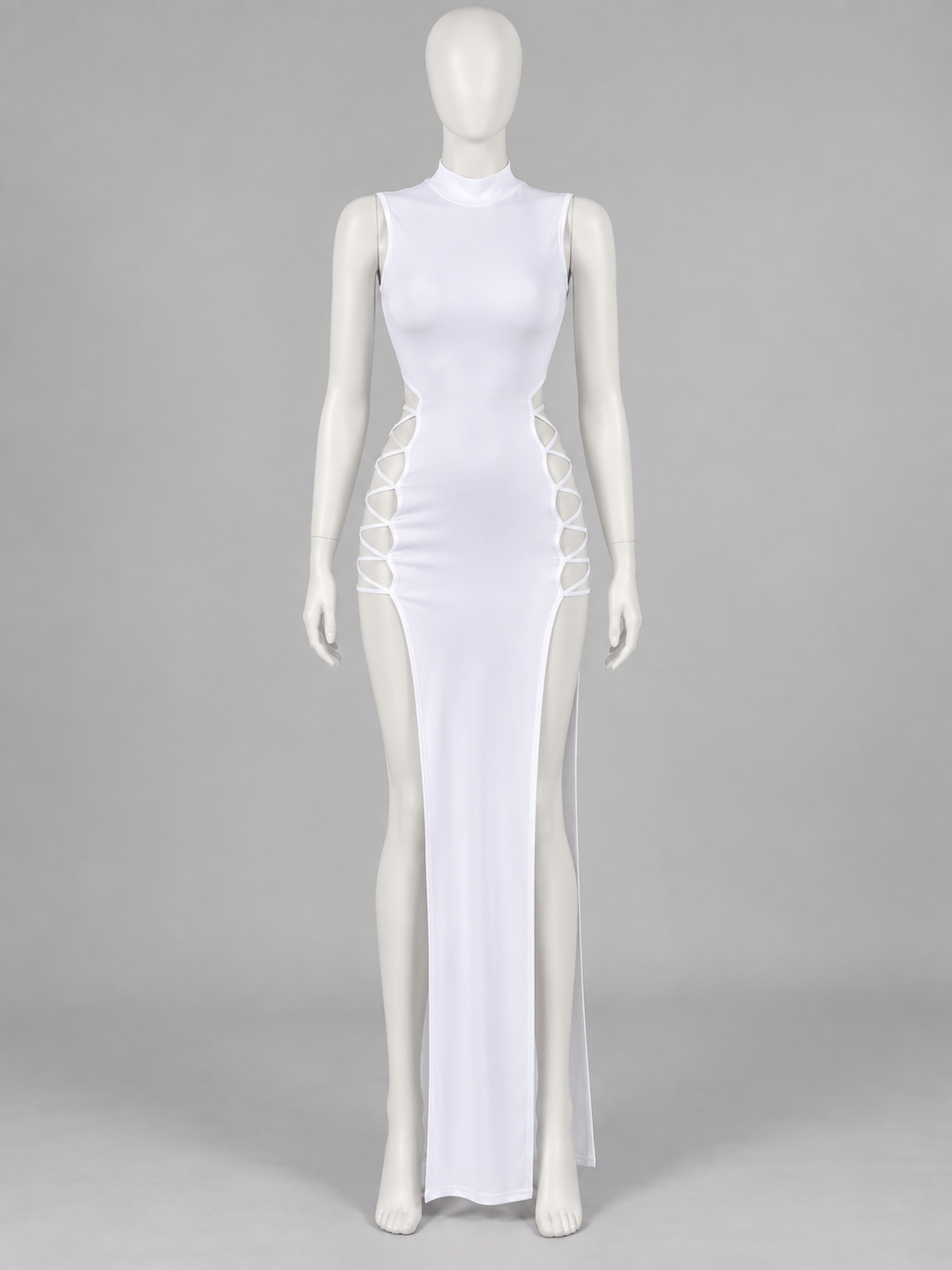 White Sleeveless Bodycon Dress with Side Cutouts side view