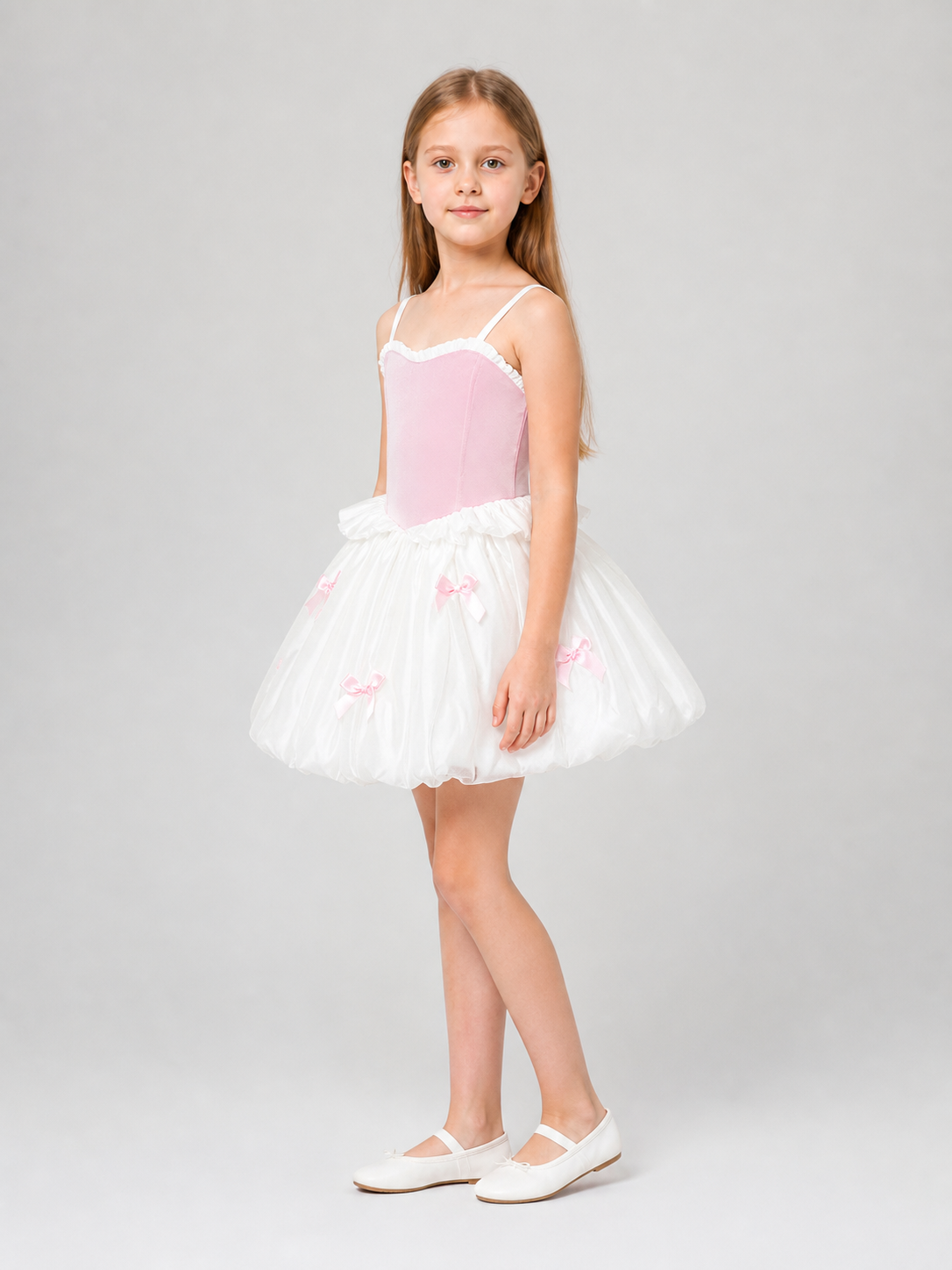 Pink and White Princess Dress for Girls with Bows side view