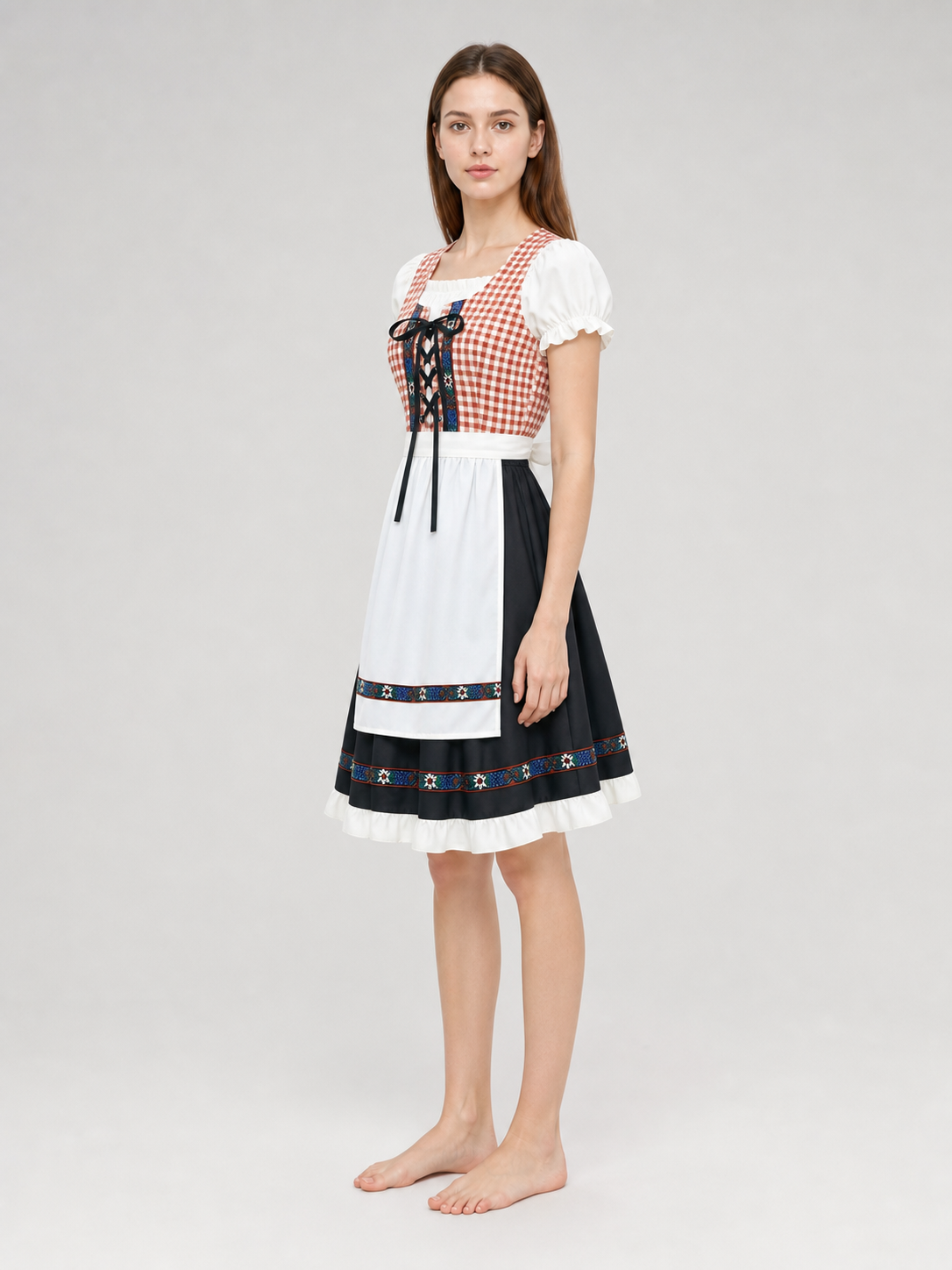 This traditional costume is designed in a vintage folk style and is suitable for creating a striking look for a costume party, themed event, holiday program, or cultural performance. The dress features a brown-and-white plaid pattern: this 