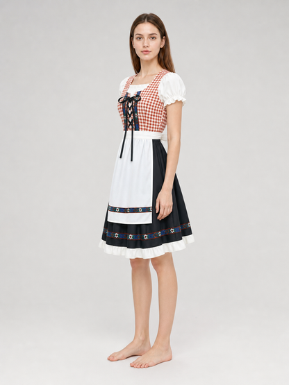 This traditional costume is designed in a vintage folk style and is suitable for creating a striking look for a costume party, themed event, holiday program, or cultural performance. The dress features a brown-and-white plaid pattern: this 