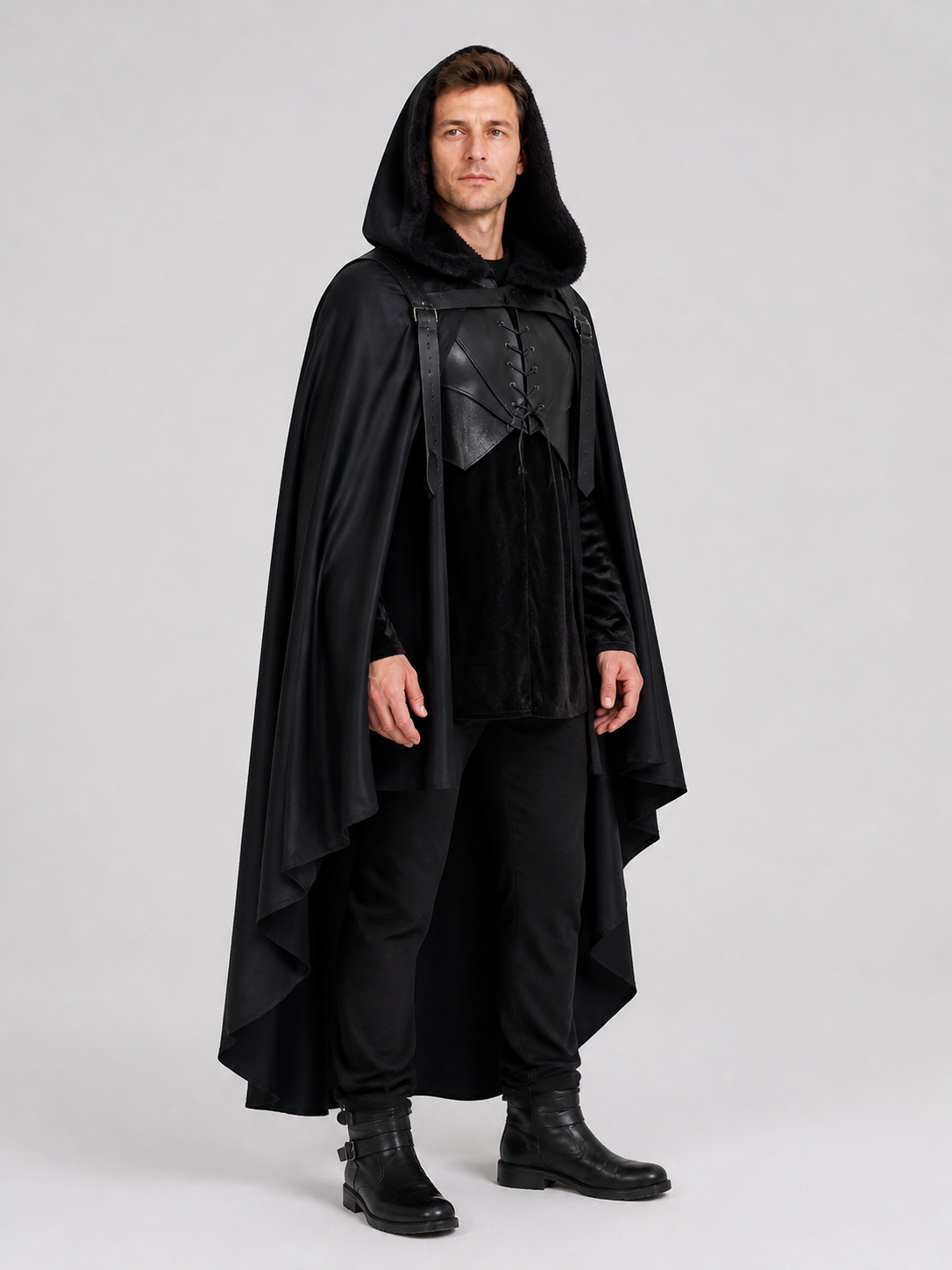 Black Medieval Hooded Cloak for Cosplay side view