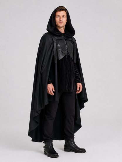Black Medieval Hooded Cloak for Cosplay side view