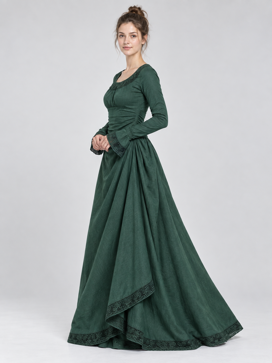 Green Long Vintage Dress with Lace and Draping
