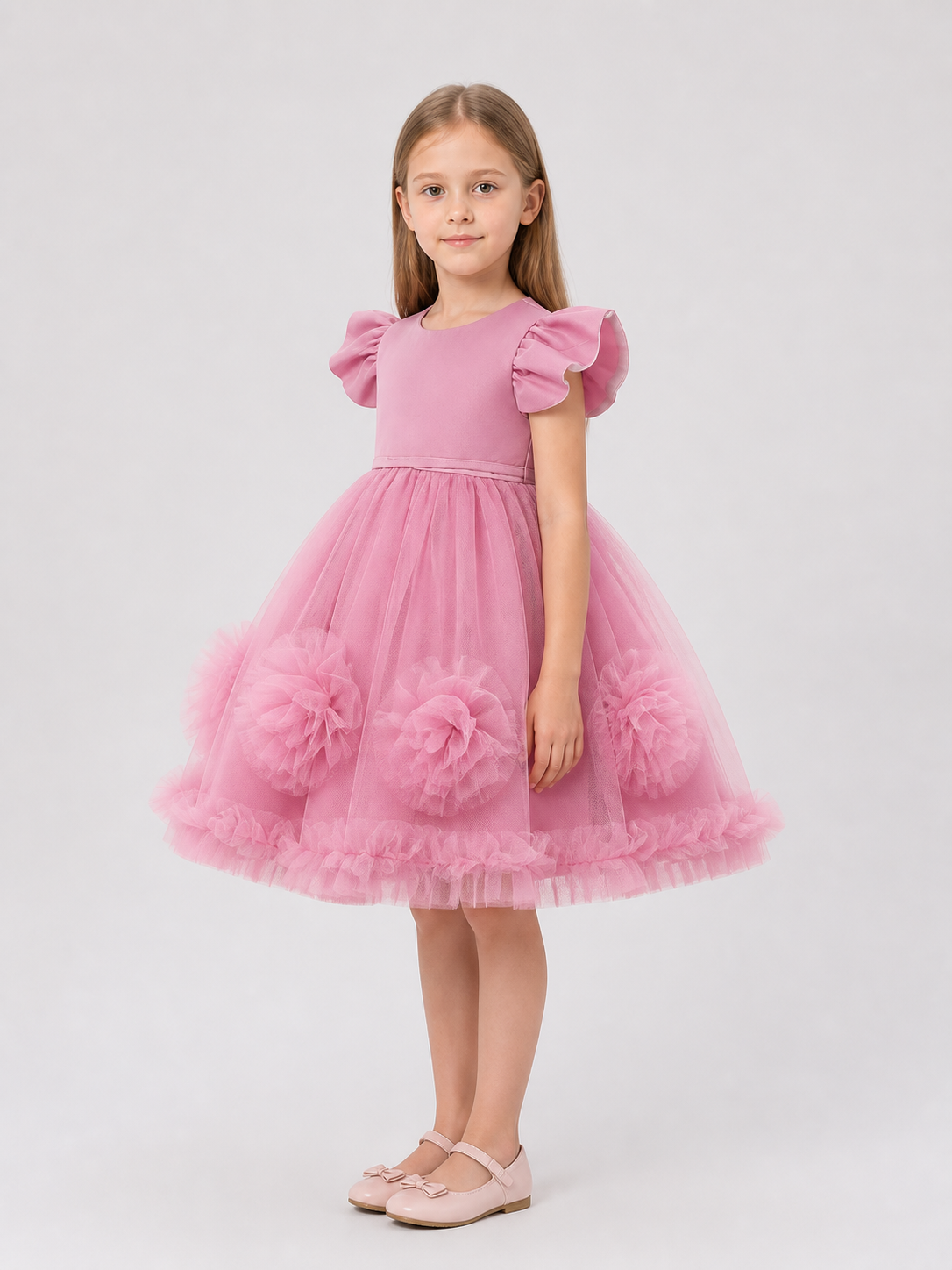 Pink Children's Princess Dress with 3D Flowers side view