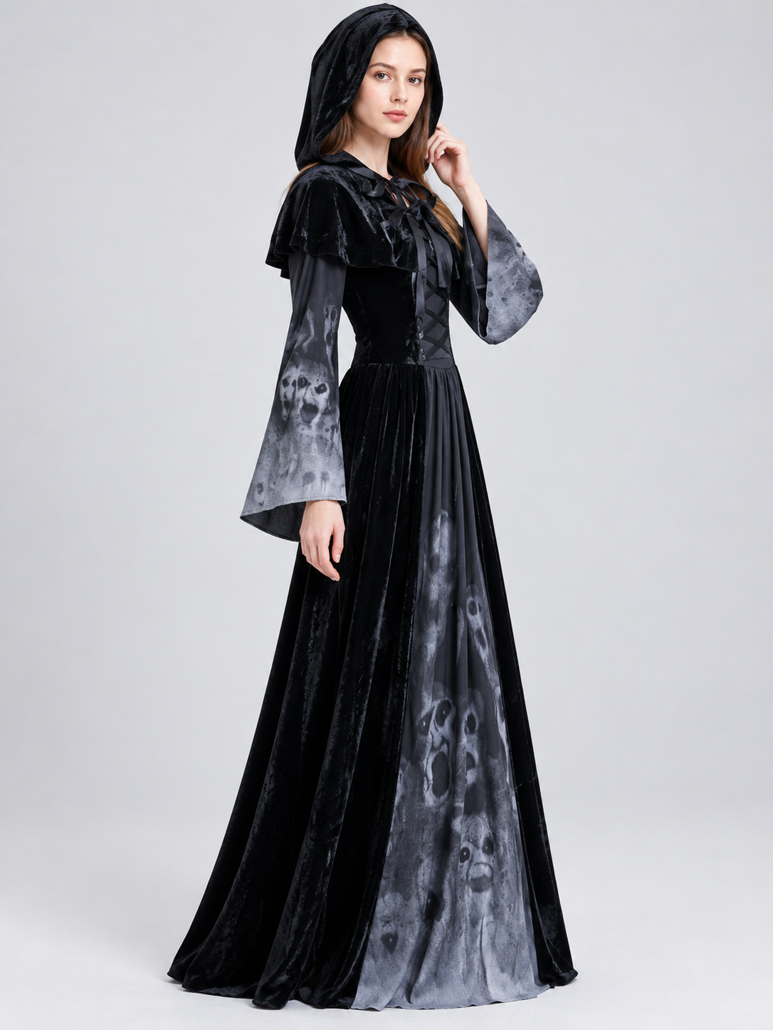 Gothic Hooded Dress with Lace-Up Detail and Skull Print side view
