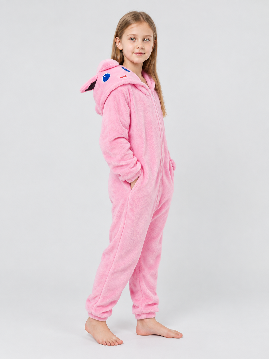 Pink plush kigurumi jumpsuit with hood and ears