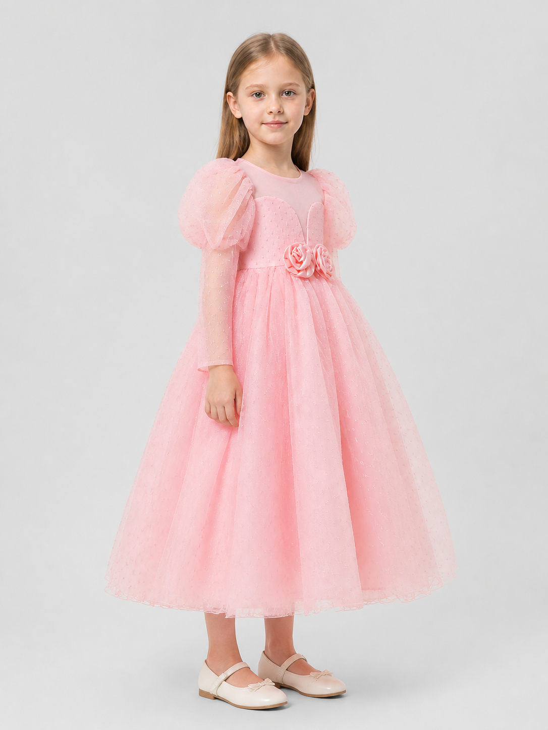 Pink Princess Dress with a Full Skirt and Sleeves side view
