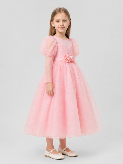 Pink Princess Dress with a Full Skirt and Sleeves side view