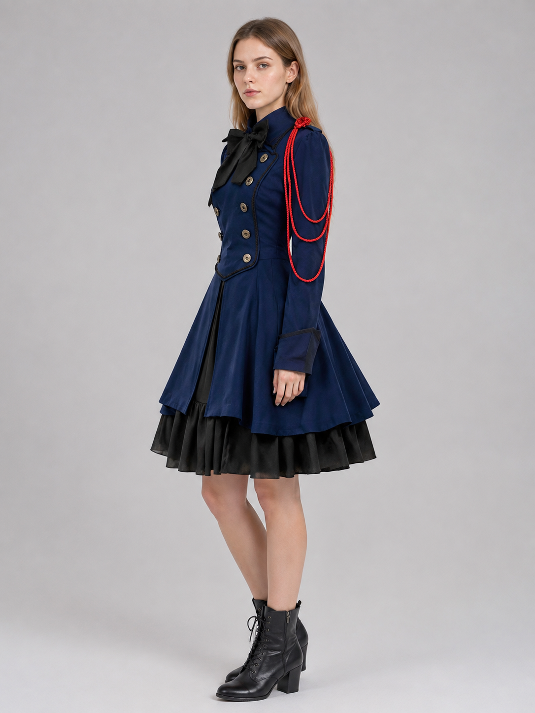 Gothic Retro Dress with Bow and Stand-Up Collar side view