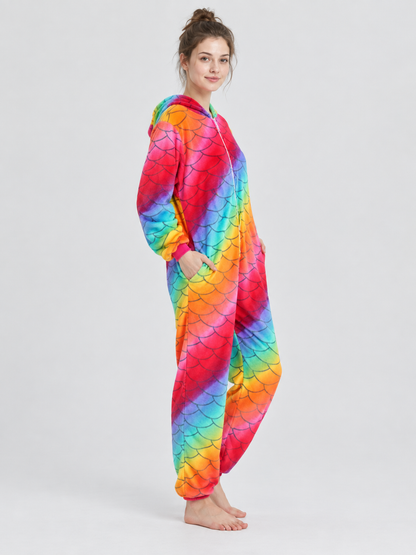 Flannel Rainbow Scale Print Jumpsuit Pajamas