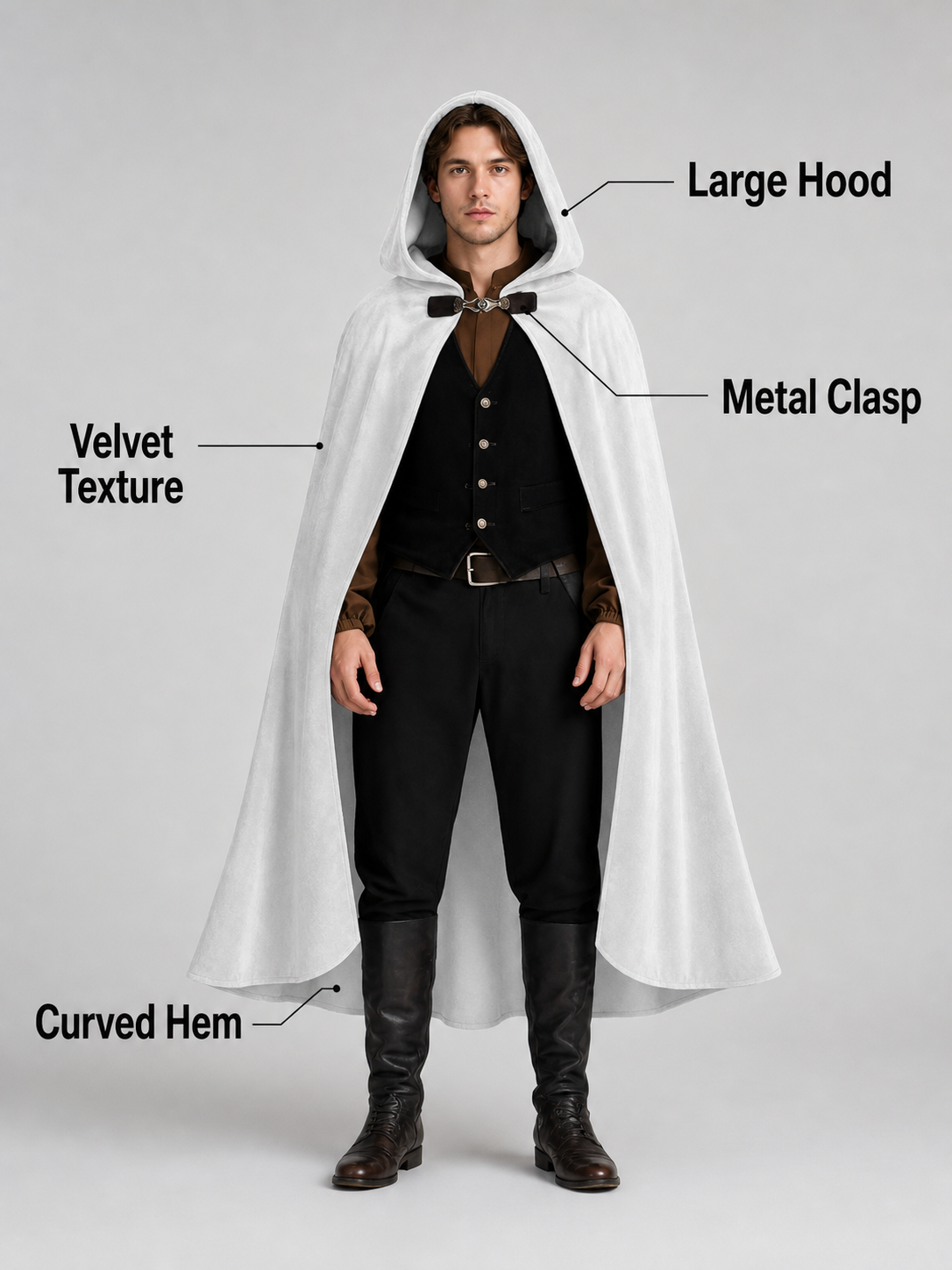 White medieval costume cloak with hood