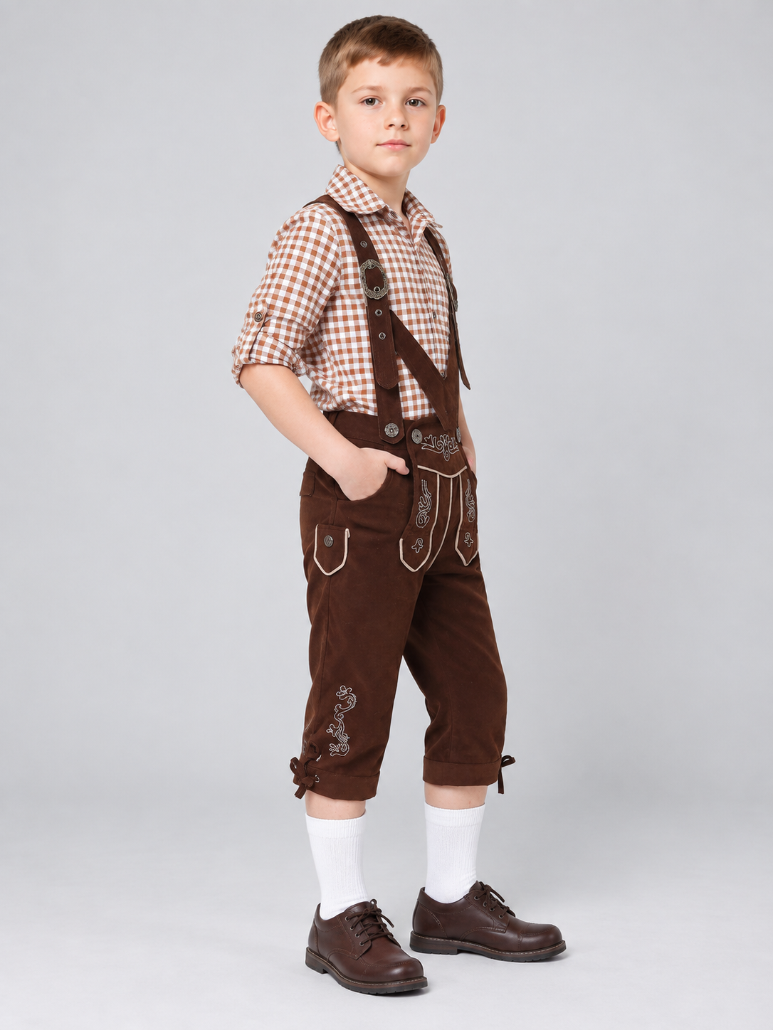 Brown Knee-Length Suspender Pants with Embroidery
