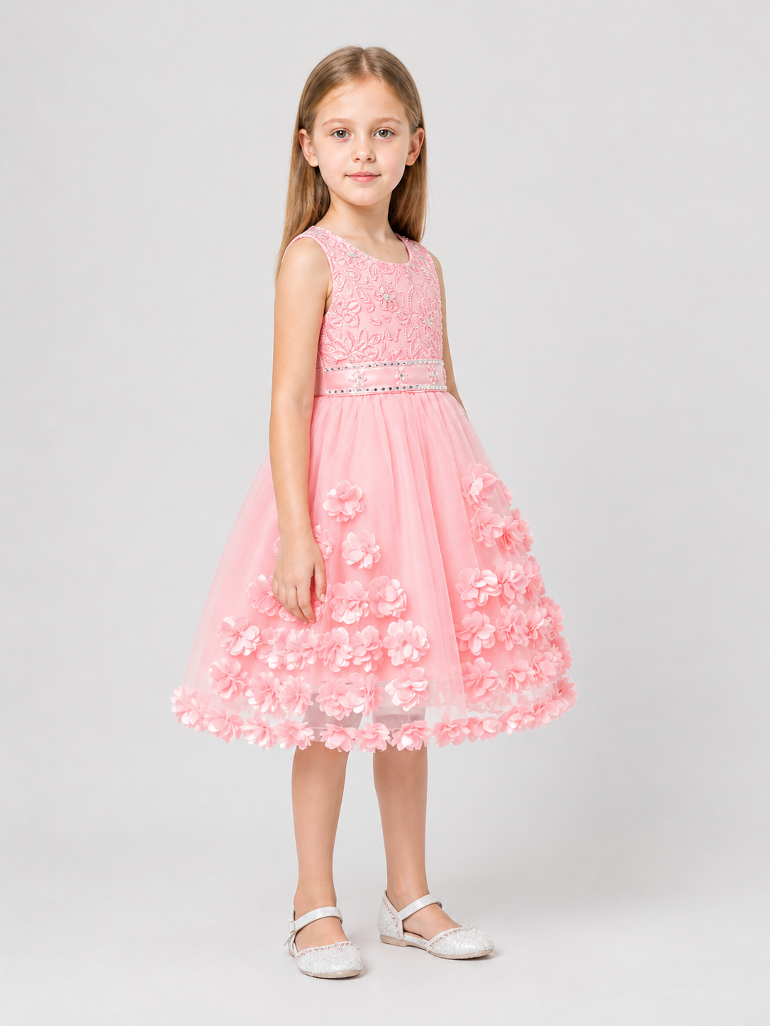 Girls' Formal Sequin Dress with 3D Flowers side view