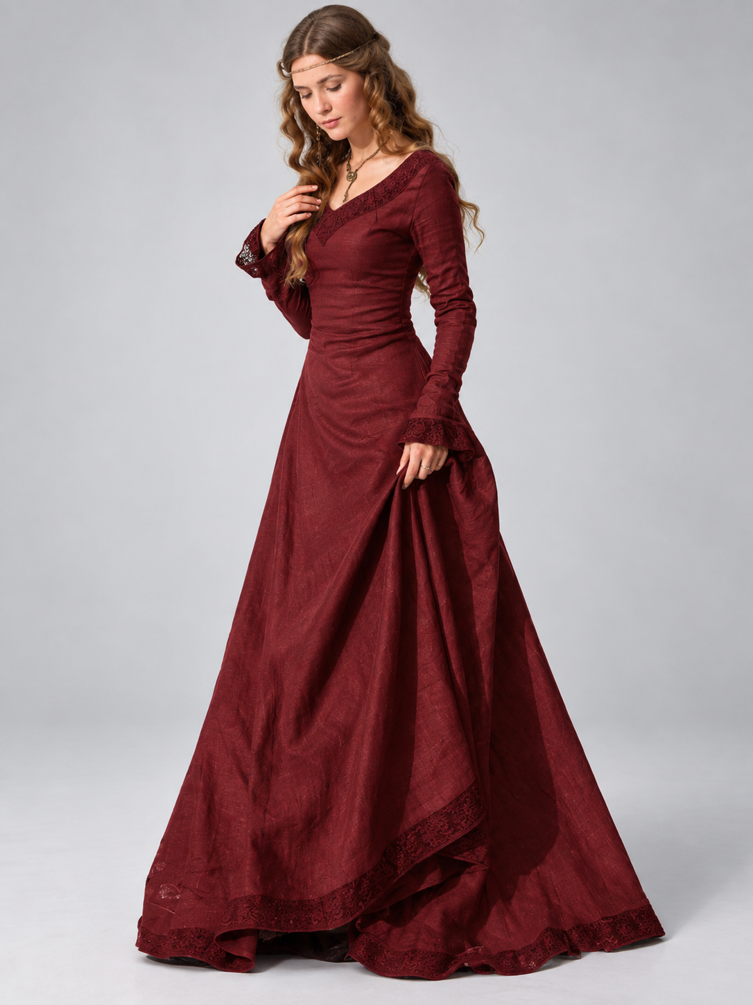 Vintage Burgundy Dress with Lace Trim and Full Skirt