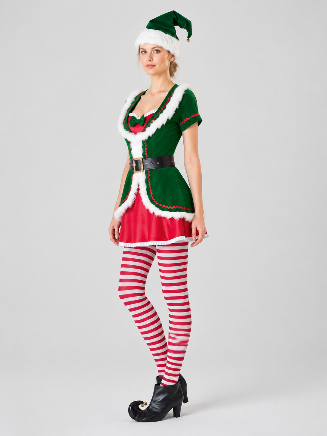 Christmas Elf Costume, Dress with White Fur Trim side view