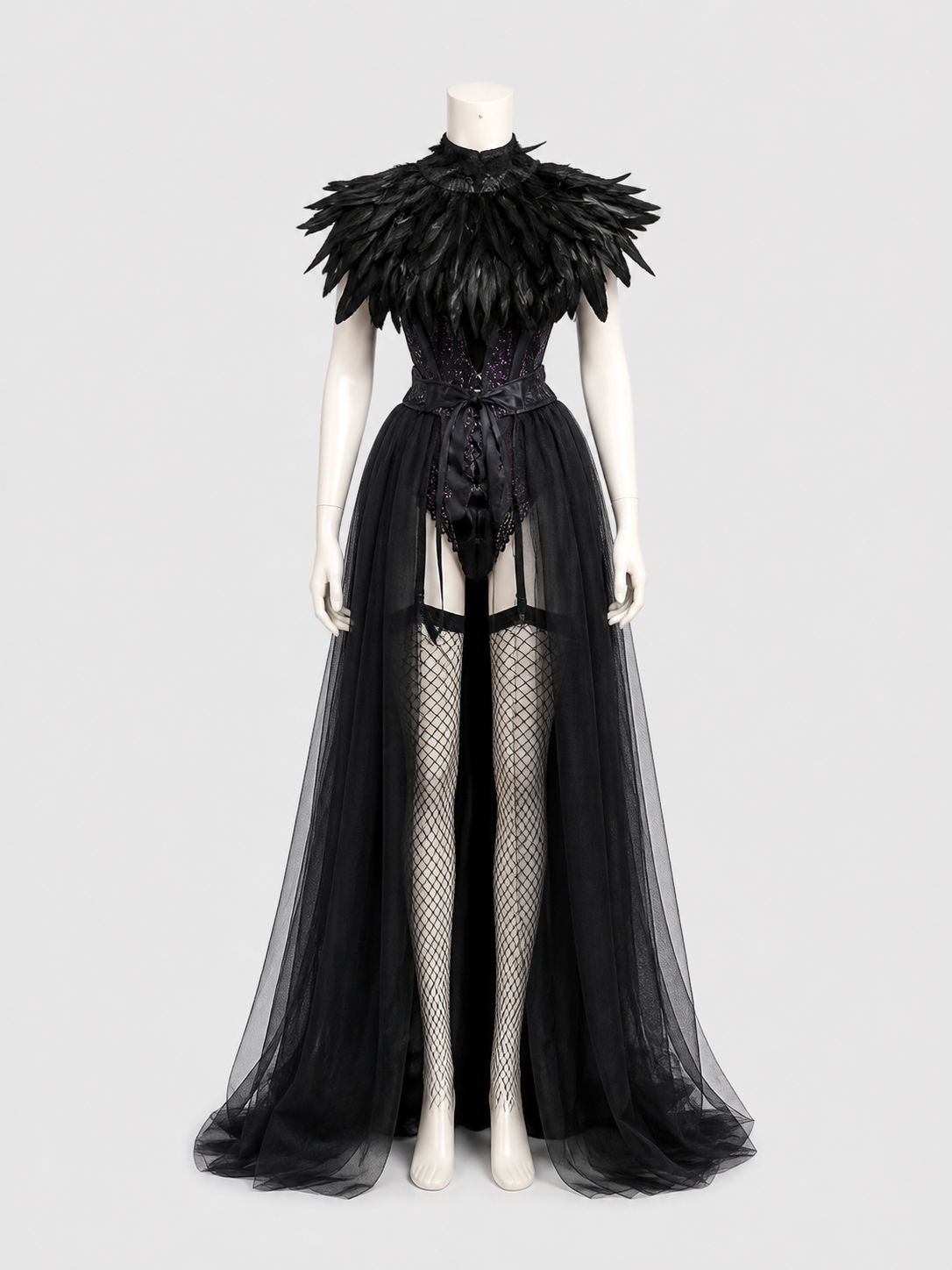 Gothic Costume with Horns, Feathers, Mesh, and Scepter side view