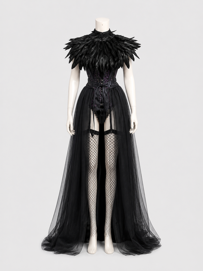 Gothic Costume with Horns, Feathers, Mesh, and Scepter side view