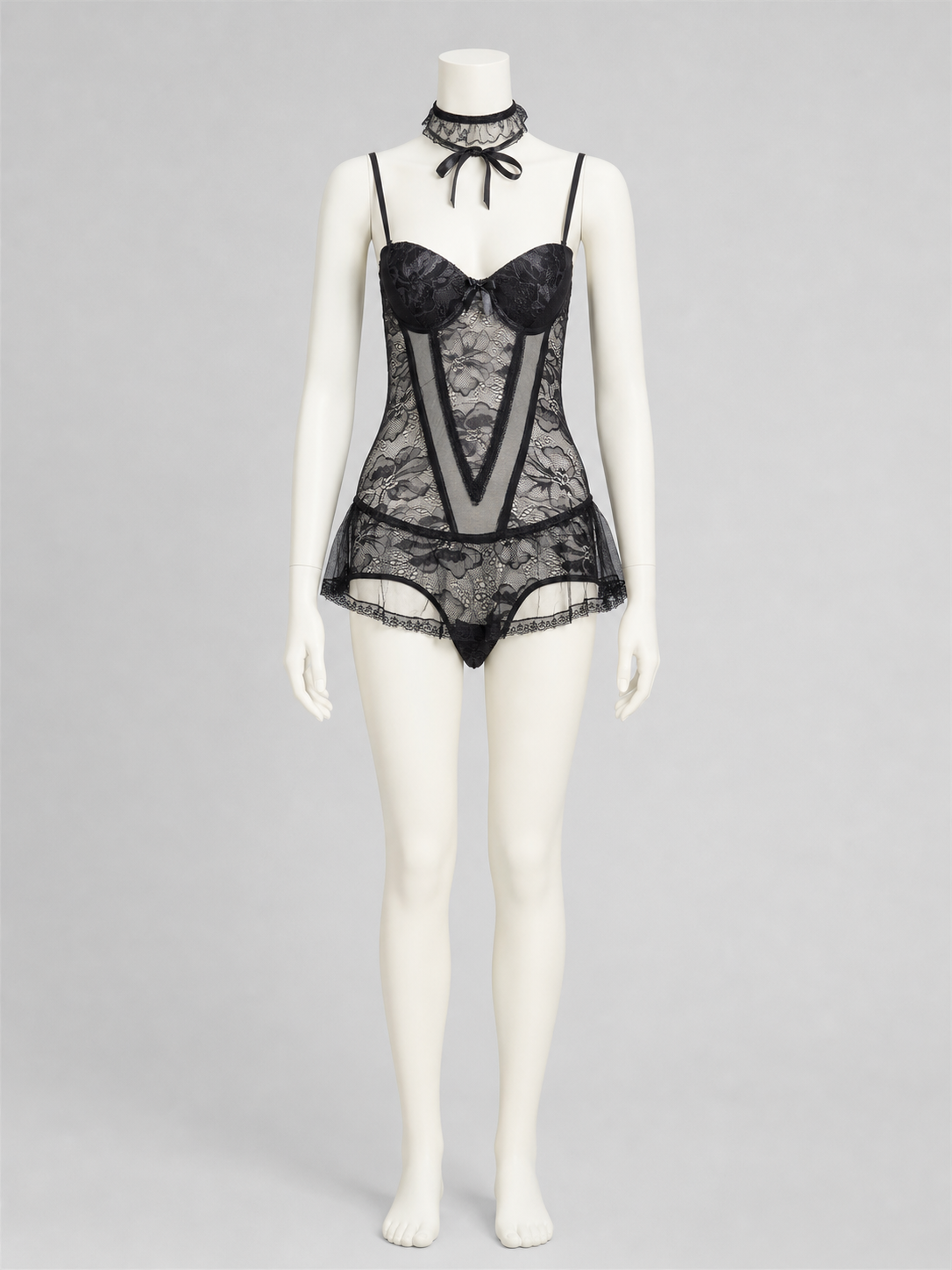 Black Lace Bodysuit with Skirt, Bows, and Ruffles side view
