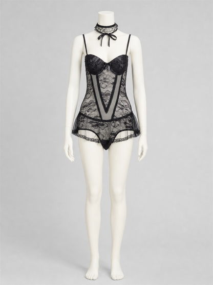 Black Lace Bodysuit with Skirt, Bows, and Ruffles side view