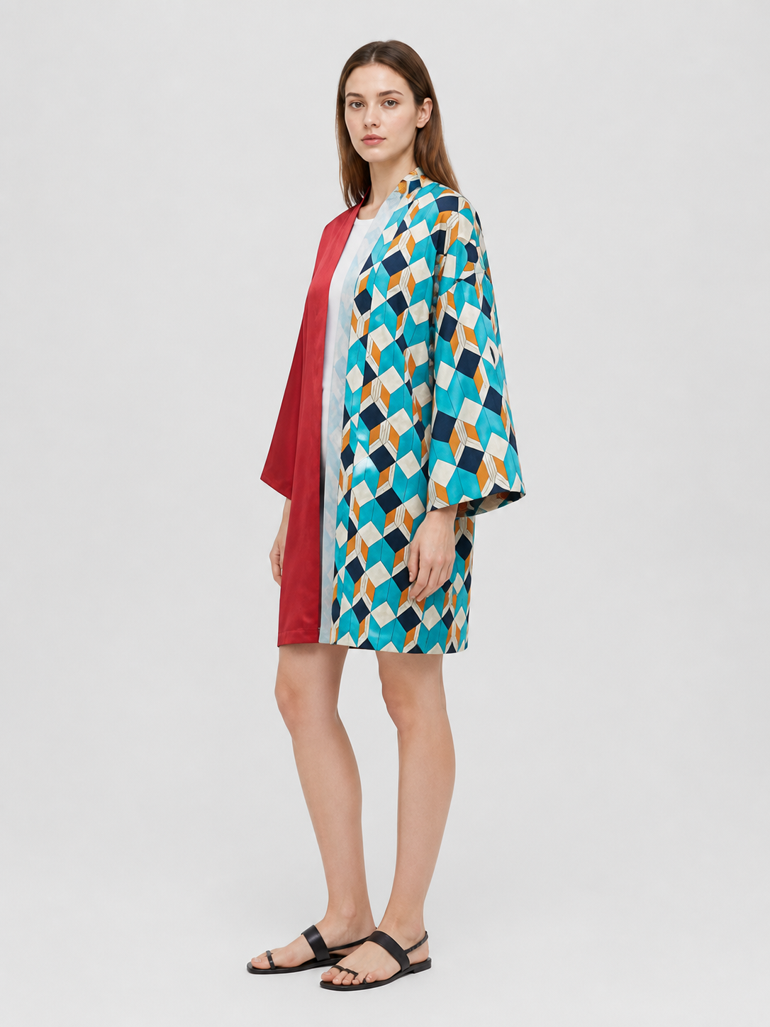 Cloak with Geometric Print and Contrasting Colors