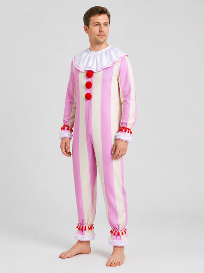 Ingrid Clown Costume, Striped Jumpsuit with Jabot side view