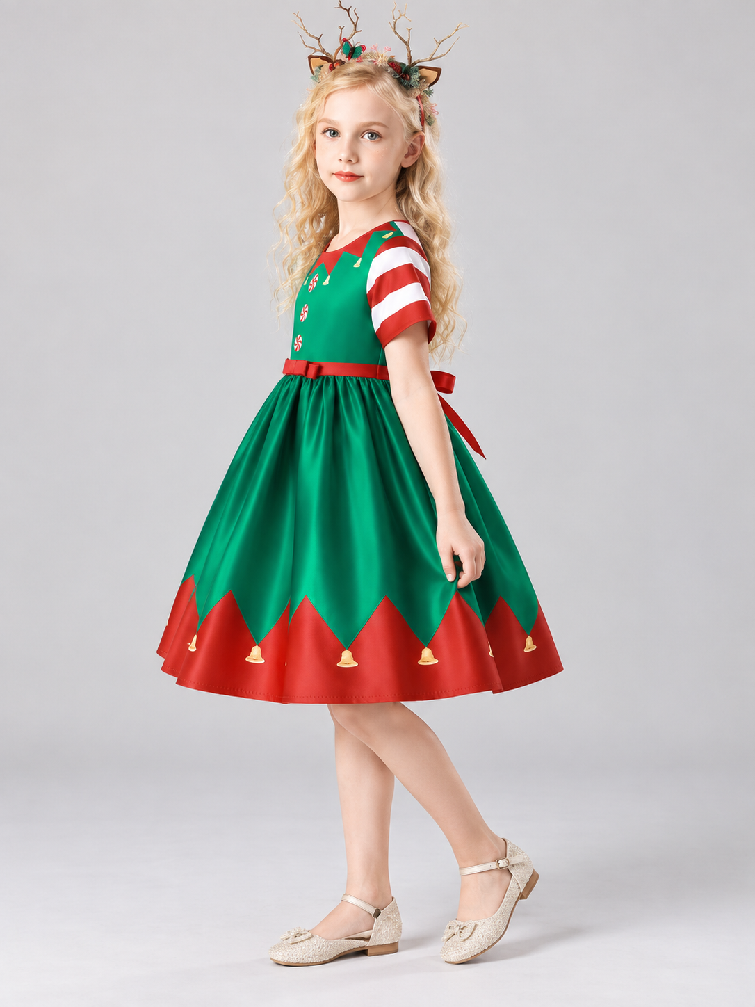 Girls' Festive Dress with Christmas Print and Bow