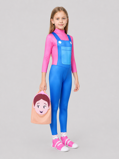 Ms. Rachel Cosplay Costume, Pink and Blue Jumpsuit side view