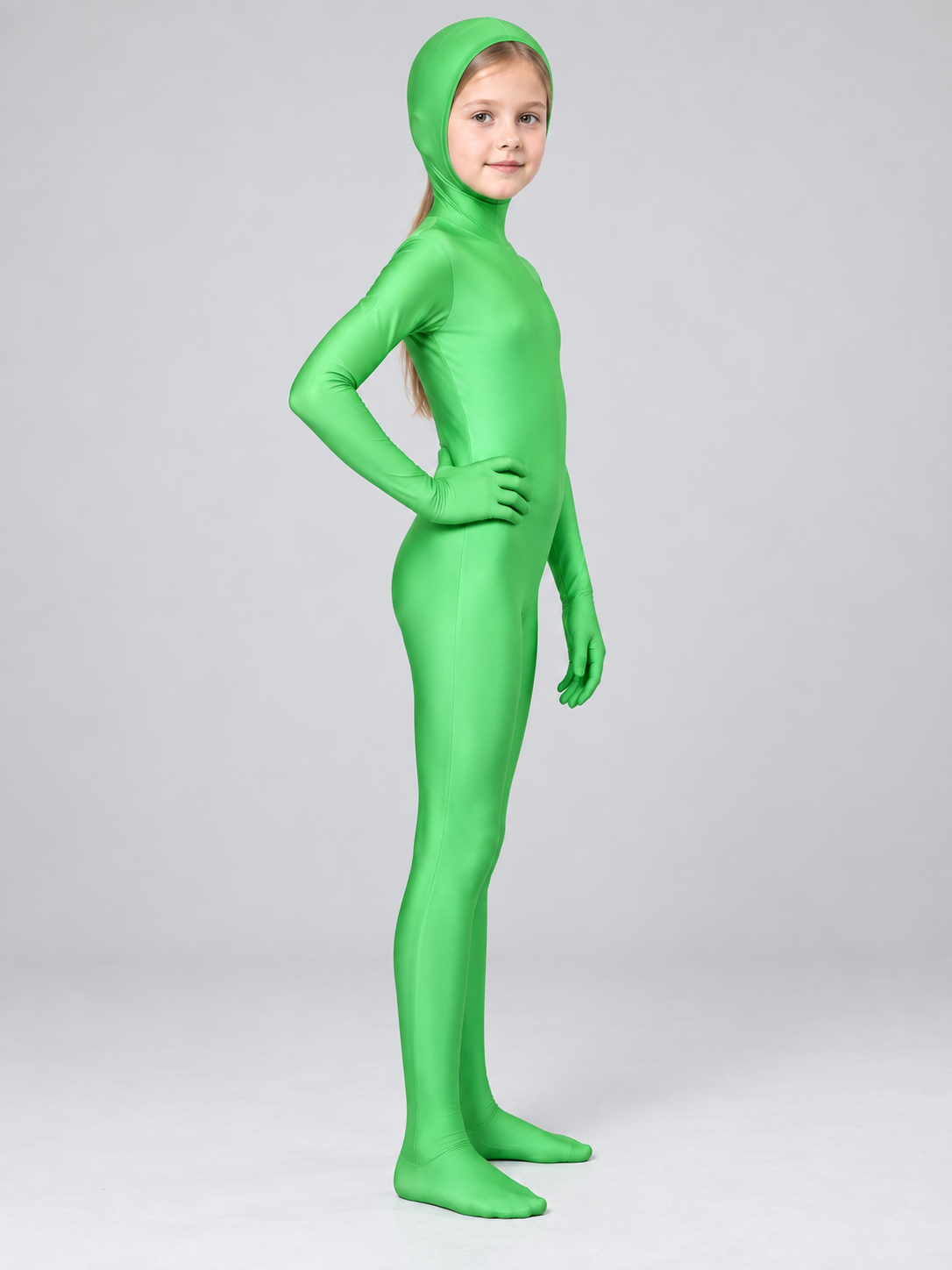 Bright Green Masquerade Jumpsuit with Hood side view