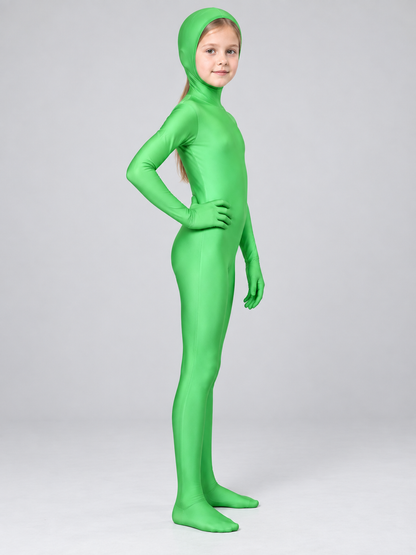Bright Green Masquerade Jumpsuit with Hood side view