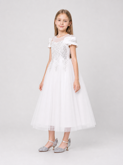 Girls' White Long Princess Dress with Sequins side view