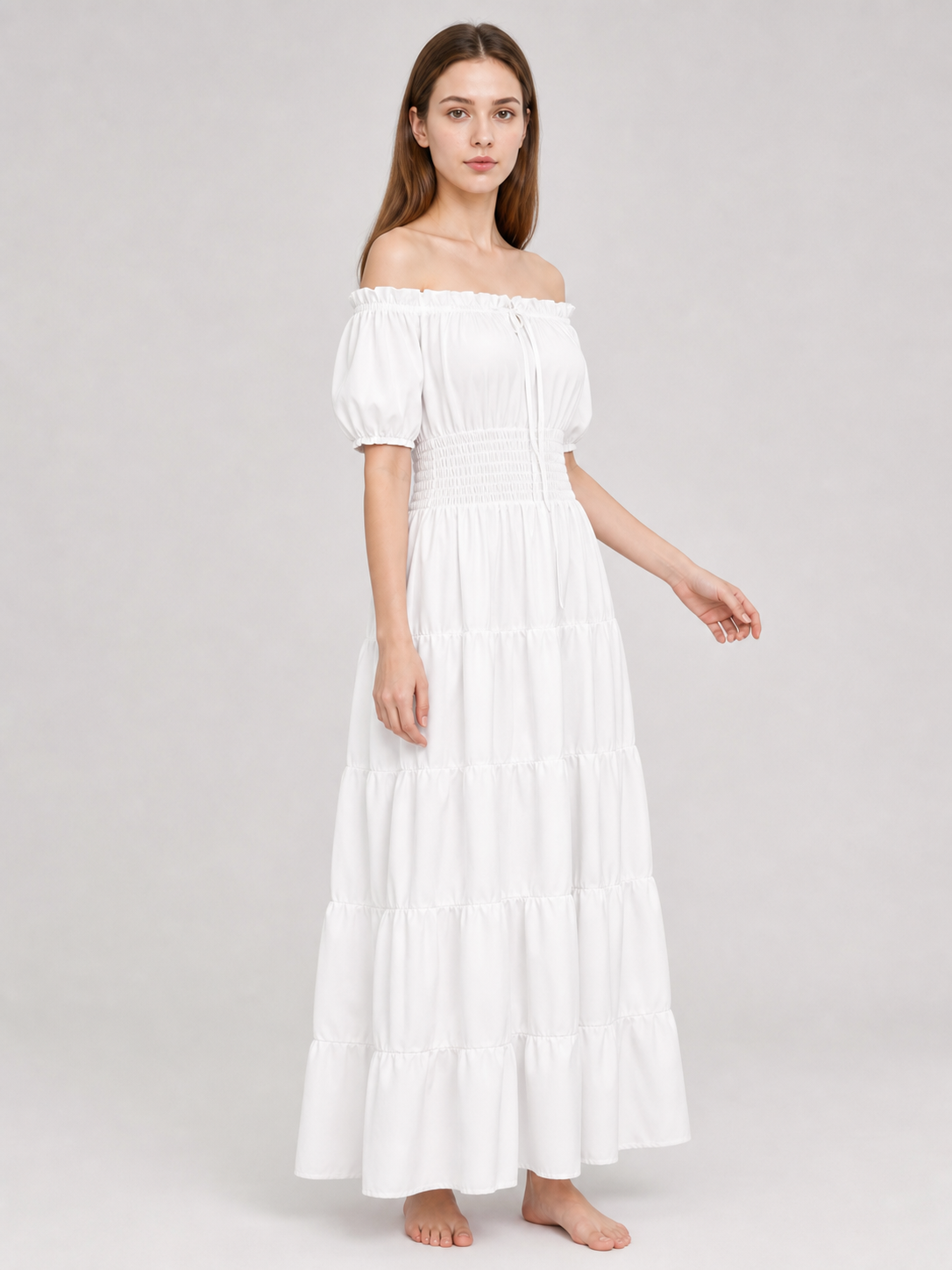 White Off-Shoulder Maxi Dress with Tiered Skirt