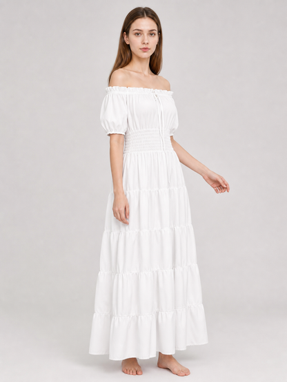 White Off-Shoulder Maxi Dress with Tiered Skirt