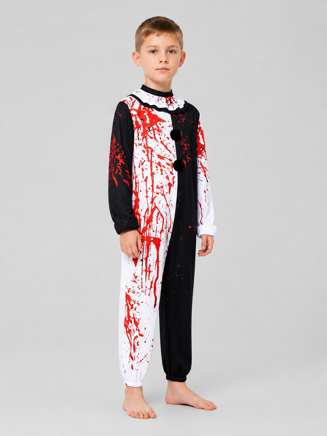 Clown cosplay costume, black and white with blood splatters side view
