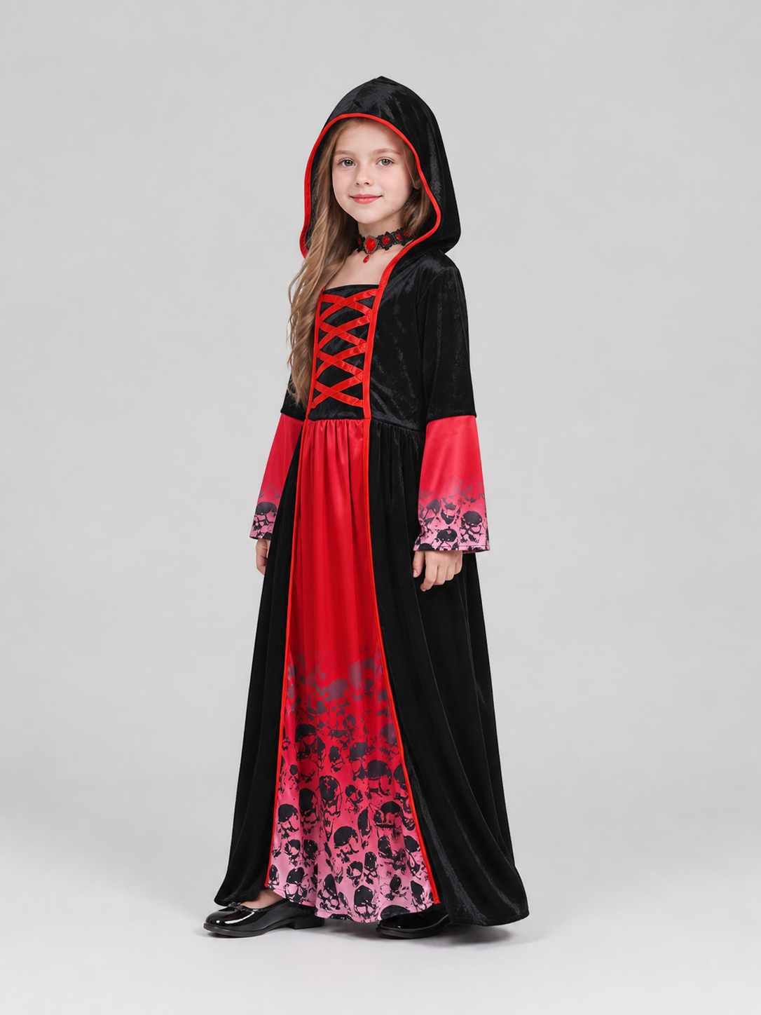 Red and Black Vampire Dress with Skulls and Hood side view
