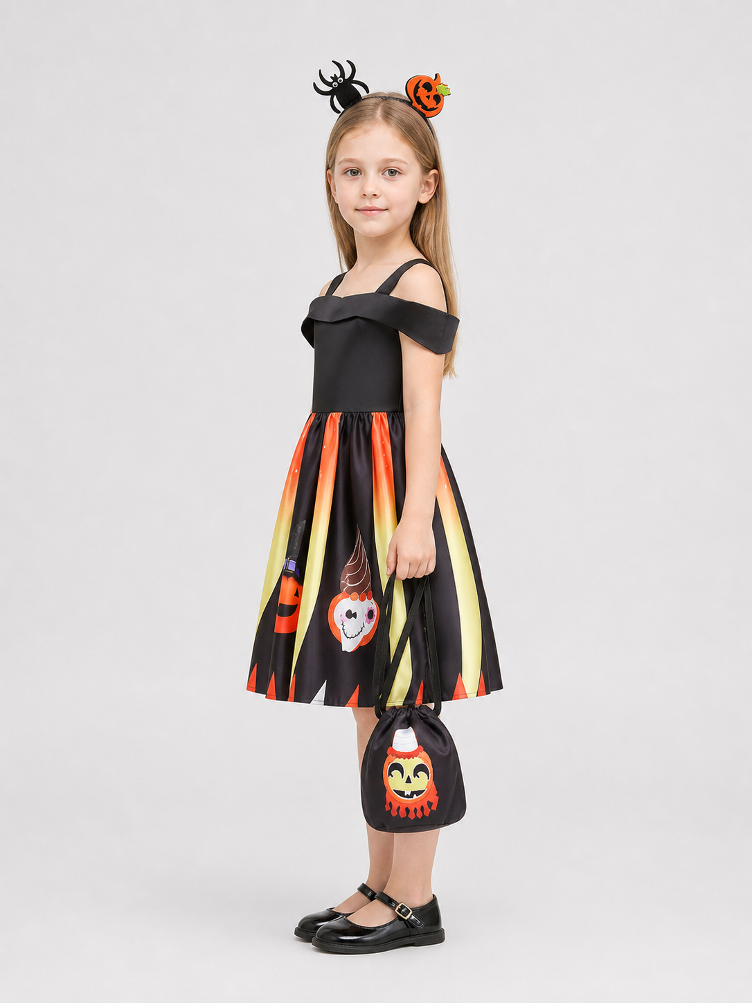 Children's Halloween Dress with a Full Skirt and Headband side view
